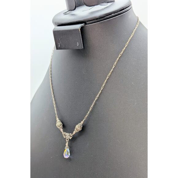 Vintage 925 Sterling Silver Beaded Chain Y Drop AB Crystal Teardrop Necklace - Picture 2 of 9